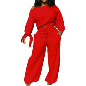 sexycherry Casual 2 Piece Outfits for Women Long Sleeve Sweatsuit Jogging Straight Long Pants Sets with Pockets (XX-Large, Red)