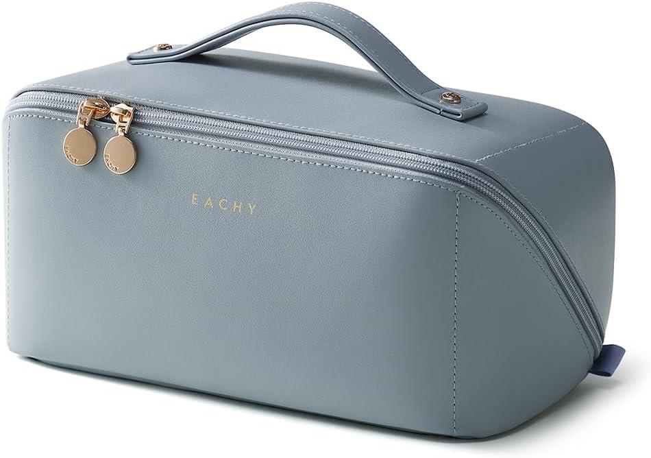 EACHY Travel Makeup Bag, Large Capacity Cosmetic Bag for Women, Waterproof PU Leather, Flat Open Portable Toiletry Bag for Skincare, Brushes & Travel Essentials (AN-Blue)