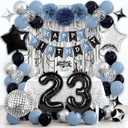 Happy 23rd Birthday Party Decorations for Boys Girls, Dusty Blue and Black Birthday Decorations with Happy Birthday Banner Number 23 Balloons Pom Poms Foil Balloons Curtain Dcor Supplies