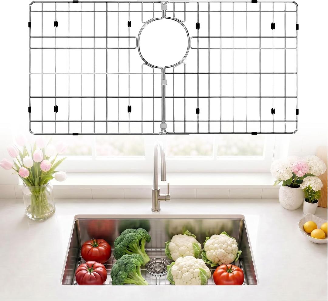 Stainless Steel Detachable Sink Grid (28-9/16" x 15-9/16" Rear Drain) | 304 Stainless Steel, Anti-Rust, Sink Bottom Protector, Scratch Proof, Rear Drain, Multi-Use Rack, Heavy Duty, Easy Clean