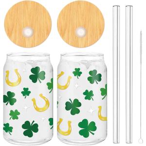 2 Pack St. Patrick's Day Drinking Glasses Gold Foil Shamrock Horseshoe Drinking Glasses 16oz Lucky Clover Glass Cup with Lids and Straw for Cocktails Whiskey Beer Soda
