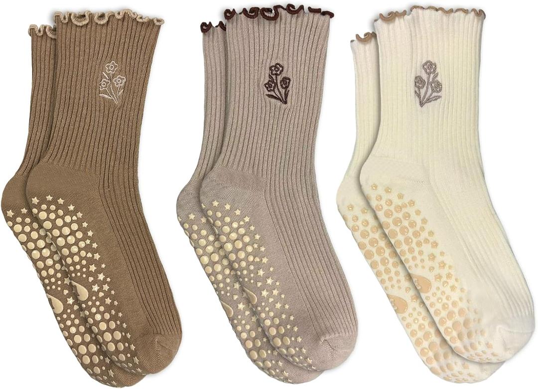 3 Pairs Cute Pilates Grip Socks for Women, Ruffle Yoga Non Slip Barre Socks for Workout & Dance