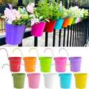 10 Pcs Fence Planters, 4" Metal Hanging Pots Plant Holder with Detachable Hook & Drainage, Railing Planter Flower Pot for Indoor Outdoor Balcony Patio Garden