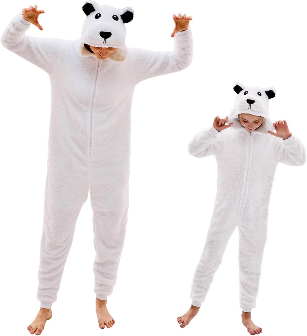 GONAAP Adult Onesie Pajamas Sherpa Animal One Piece Cosplay Costume for Women Men (11-12 Years, Polar Bear)