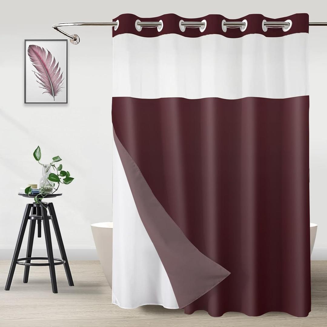 No Hook Shower Curtain with Snap in Liner, Ombre Burgundy Shower Curtains and Liner Set, Hotel Fabric Bath Curtain for Bathroom, Mesh Top Window Waterproof Washable, 71" x 74"