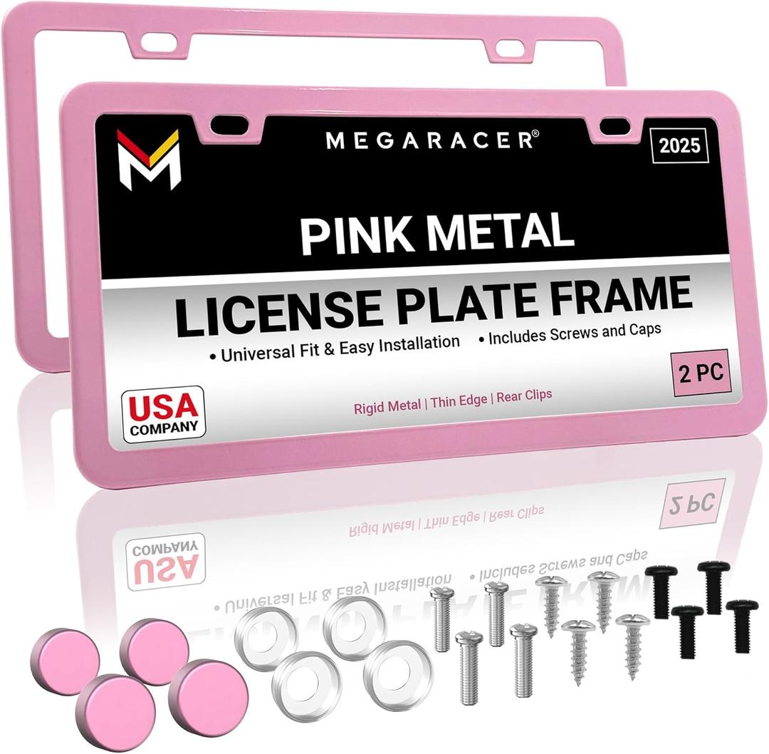 Premium Princess Pink License Plate Frames  2 Pack, Rust-Free Stainless Steel, Street Legal, Rattle-Free, Universal Slim Design with Screw Covers, Durable Car Tag Holders for Women, Cute & Girly Gift
