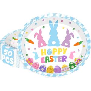 QZYL 50 Pcs Oval Easter Paper Plates, 12.2 X10.2 Inch Large Disposable Party Plates with Bunny Egg and Blue Plaid Pattern, Spring Tableware for Easter Decorations Holiday Gathering Party Supplies