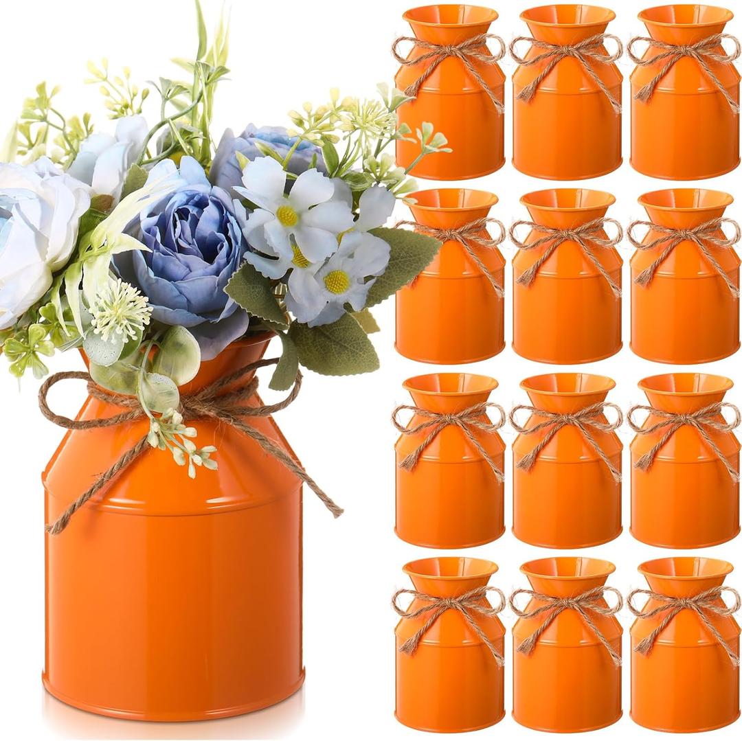 Domensi 10 Pcs Farmhouse Metal Flower Vase Wedding Decor Bulk Rustic Galvanized Milk Can Jug Vase with Bow Flower Bucket for Table Centerpiece Valentine Home (5.12 Inch,Orange)