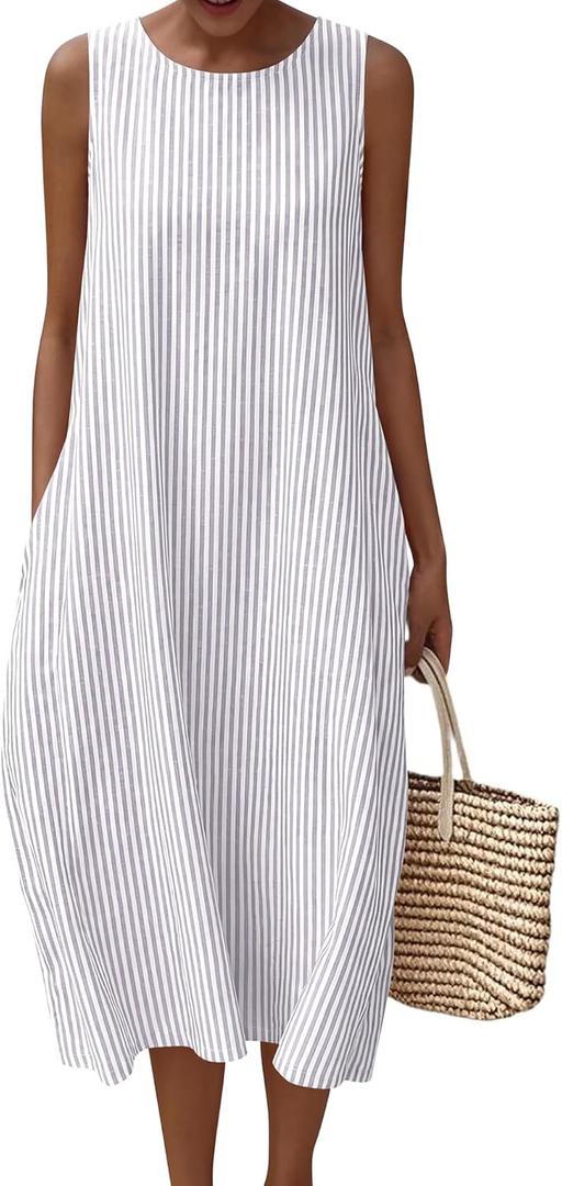 LOMON Summer Dresses for Women Cotton Casual Maxi Dress Beach Vacation Long Sundresses Plaid Striped with Pockets