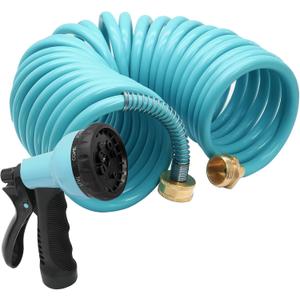25ft EVA Garden Hose, Curly Water Hose Coil Corrosion Resistant Garden Coil, Includes 7-Pattern Function Sprayer, Retractable for Outdoors Lawn Car Washing