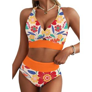 Herseas Women's 2 Piece Bikini Sets Twist Front Top Lily Print Swimsuits High Waisted Bathing Suit Beach Summer Swimwear (Orange, M)