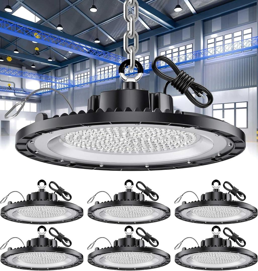 150W High Bay LED Shop Lights Super High Bright 22500ML 5000K with 3Pins US Plug & 5Ft Cable Upgrade 50000Hrs UFO LED High Bay Light Easy Install 6Pack for Workshop Garage GMY (150W 6PACK)