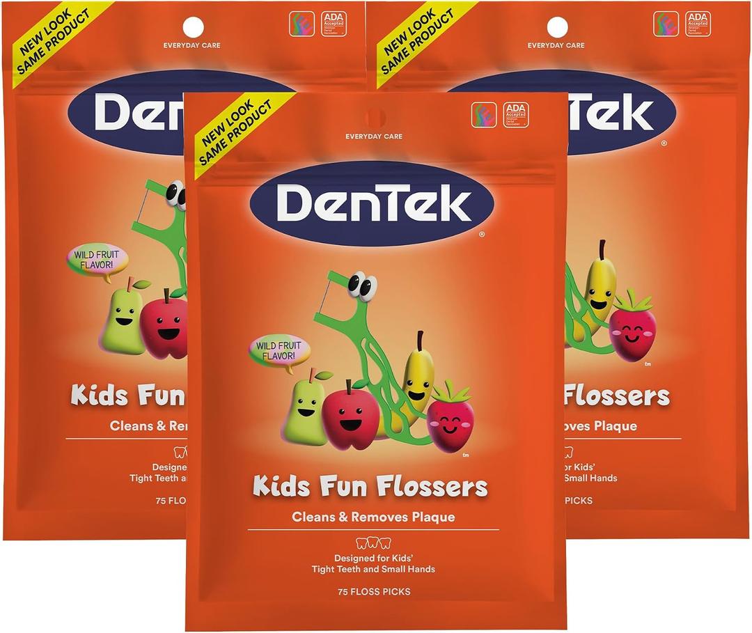 DenTek Fun Flossers – Kids Floss Picks with Wild Fruit Flavor, 75 Count, Pack of 3