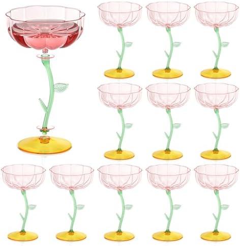 HKSZEH 12 Pcs Pink Plastic Ribbed Coupe Glasses Detachable 7oz Flower Cocktail Glasses Modern Wavy Plastic Cocktail Coupes Disposable Martini Glasses Mimosa Glassware champagne goblets (12, PInk)