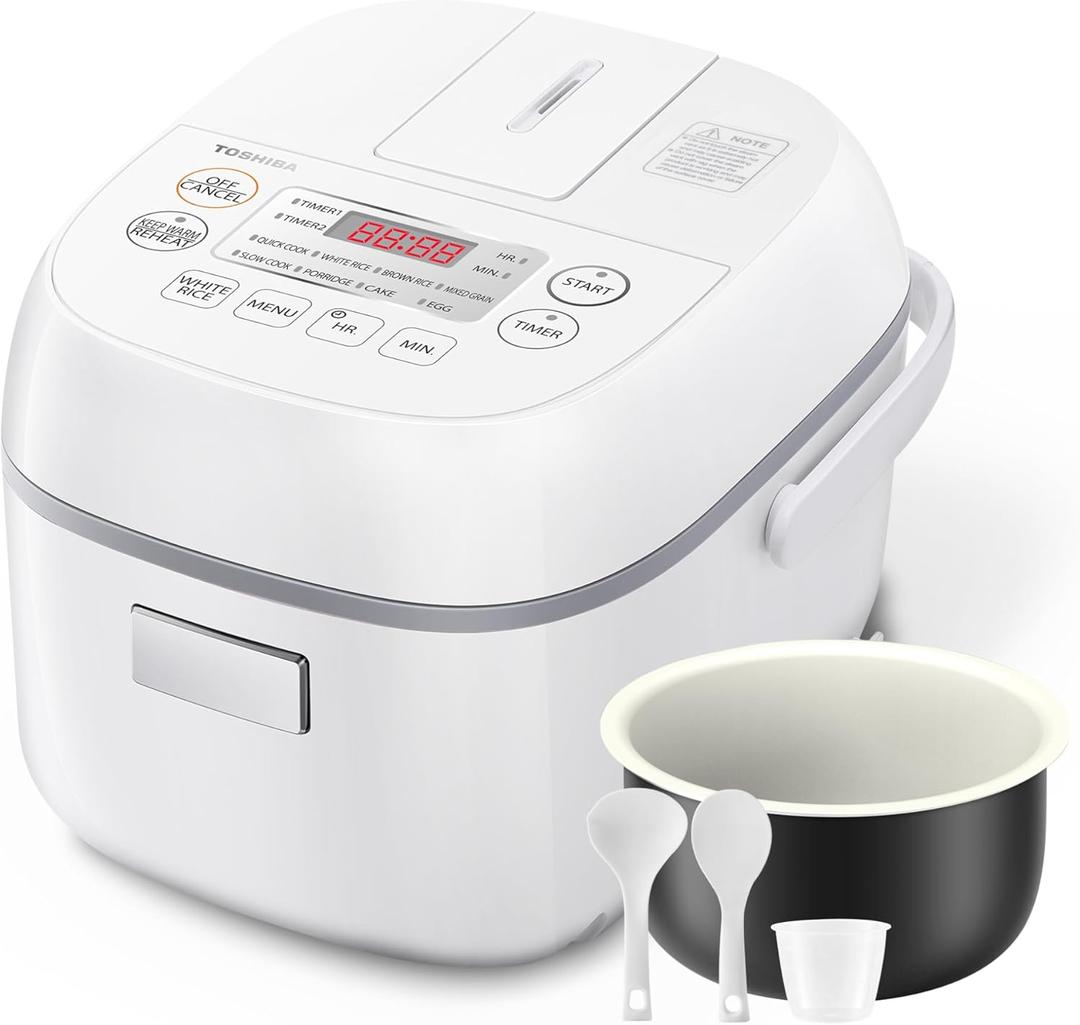 Toshiba Mini Rice Cooker, 3 Cups Uncooked Small Rice Cooker, Steamer & Warmer, With Fuzzy Logic And One-Touch Cooking, 24 Hour Delay Timer And Auto Keep Warm Feature, White