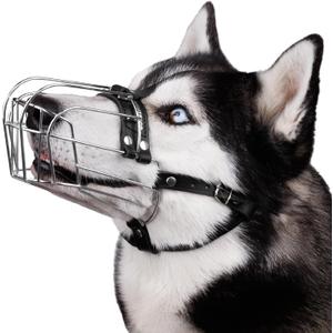 BRONZEDOG Dog Muzzle Adjustable Durable Metal Wire Basket for Large and Extra Large Dogs with Leather Straps Breathable, Drinkable, Training, Prevents Biting (Stainless Steel, Husky & Doberman)