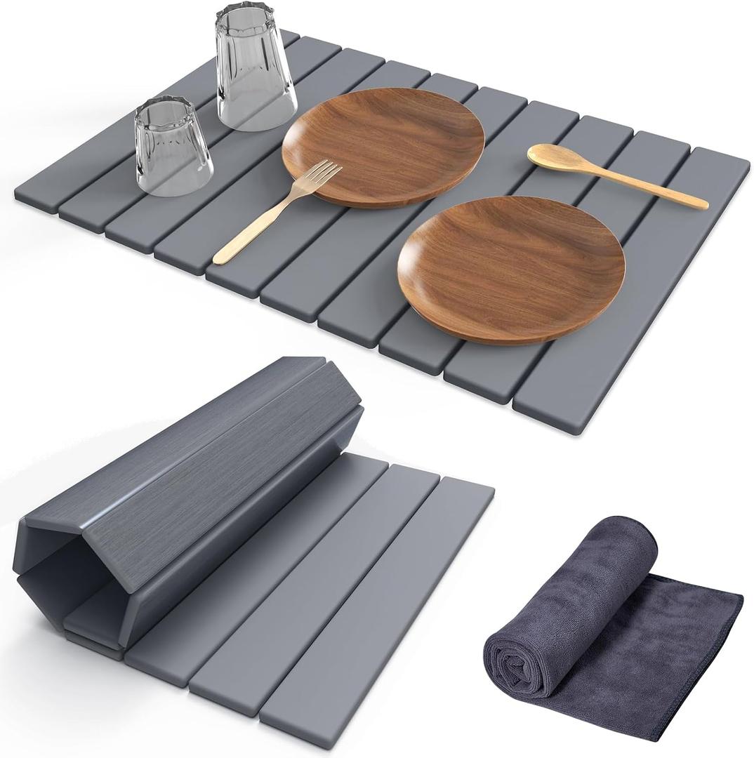 Stone Dish Drying Mat for Kitchen Counter,24"(L)16"(W) Collapsible Fast-Drying Diatomaceous Earth Mats with Towel Sanding Tool,Versatile Stone Drying Mats for Cups Dishes Bottles