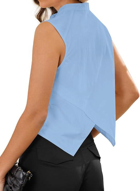 Remidoo Women Sleeveless Button Down Shirt Overlap Back Crop Tank Tops Office Work Blouse Blue, Large