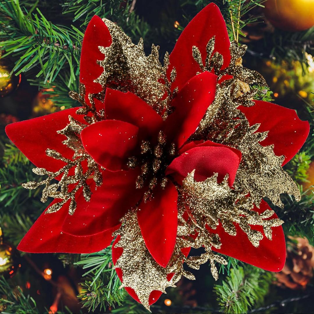 SPORTYOUTH 30 Pcs Red Gold Poinsettia Artificial Christmas Flowers with Clips Stems, 5.5" Xmas Tree Decoration Ornaments Glitter Poinsettias Flower for Wreath Garland New Year Wedding Home Party