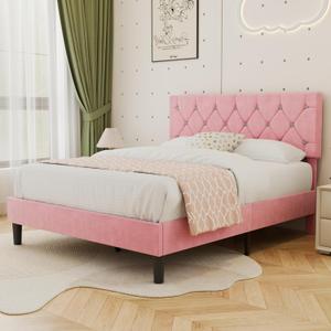 VECELO Queen Size Bed Frame with Diamond Tufted Headboard, Upholstered Platform Bedframe with Wood Slat Support, No Box Spring Needed, Mauve Pink