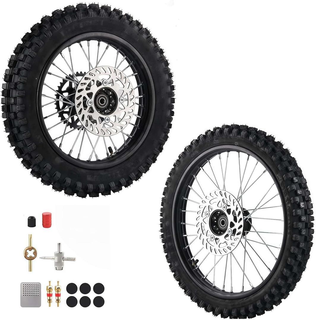 90/100-14(3.00x14) Rear Wheel Tire 70/100-17(2.75x17) Front Wheel Tire With 12mm Inner Bearing 190mm Brake Disc Rotor Chain Sprockets for Dirt Pit Bike Motocross Off Road (12mm Bearing Bore)