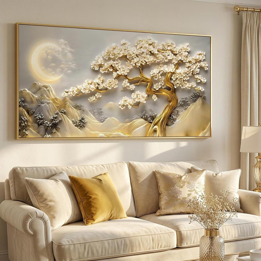 BirdSuite Gold Framed Lucky Tree Wall Art, Framed Canvas Print with Golden Tree & Moon Landscape, Ready to Hang Wall Decor for Living Room Bedroom Office Dining Room Entryway -58"x29"