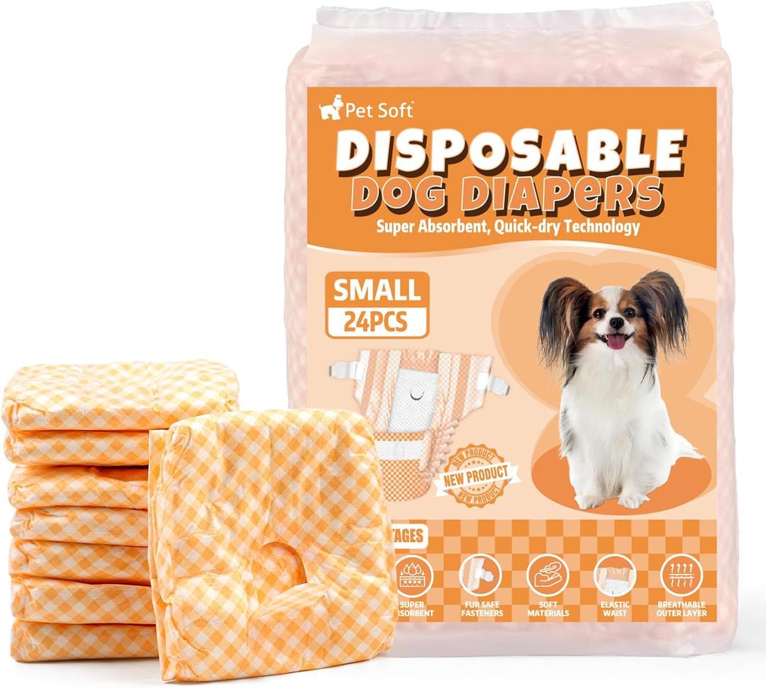 Pet Soft Female Dog Diapers - Disposable Puppy Diapers for Dogs & Cats, Ultra Absorbent Doggy in Heat Period or Urine Incontinence, 24pcs (S, Orange)