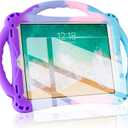 TopEsct Kids Case for iPad 6th/5th Generation, Silicon Shockproof Case for New iPad 2017/2018 9.7 inch with Tempered Glass Screen Protector and Strap, Cover for iPad Air & Air 2 (Purple and Turquoise)