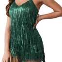 Women's Sleeveless V Back Sequins Fringe Jumpsuit One Piece Short Romper Party Nightclub (S)