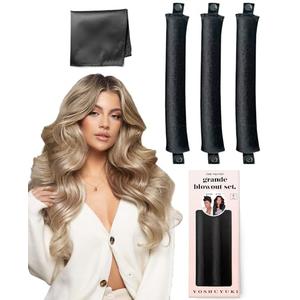 Grande Heatless Curls Overnight Rods No Heat Hair Curlers to Sleep Jumbo Foam Large Hair Rollers for Long Short Hair Heatless Curling Rod Set with Satin Wrap for Sleeping Black