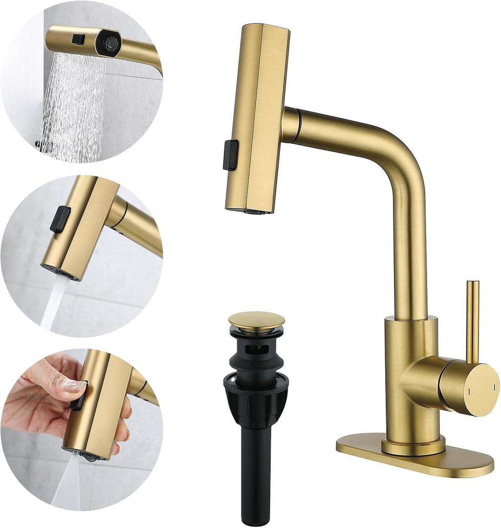 TRIPHIL Waterfall Bathroom Faucets with 3 Mode Pull Down Sprayer,Single Handle Modern Bath Sink Faucet with Pop Up Drain and Deck Plate,Brusehd Gold 1 Hole RV, Bar,Restroom,Lavatory,Vanity Tap