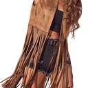 Women's Fringe Vest Sleeveless 70s Hippie Faux Suede Trim Western Cowgirl Tassel Jacket Cardigan (Brown, XL)