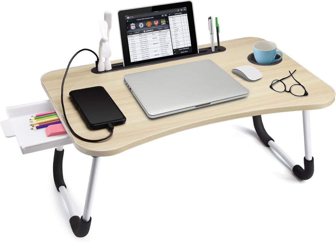 Slendor Lap Desk with Tablet Slot, Foldable Laptop Table with Storage DrawerPortable Bed Desk for Laptop, Computer Tray with Cup Holder Notebook Stand Reading Holder for Couch Floor, White Maple