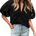 BTFBM Womens Blouses Summer Hollow Out Eyelet Embroidery Tops V Neck Buttons Puff Sleeve Boho Shirts Spring Fashion 2026 (Black, XL)