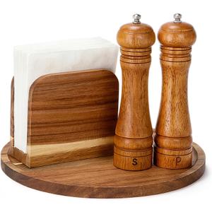 4 Pcs Rustic Farmhouse Decor Set Acacia Wooden Napkin Holder Salt and Pepper Shakers and 12" Round Wood Tray Spice Rack Table Tray for Kitchen Countertop Dining Table Centerpieces (Brown)