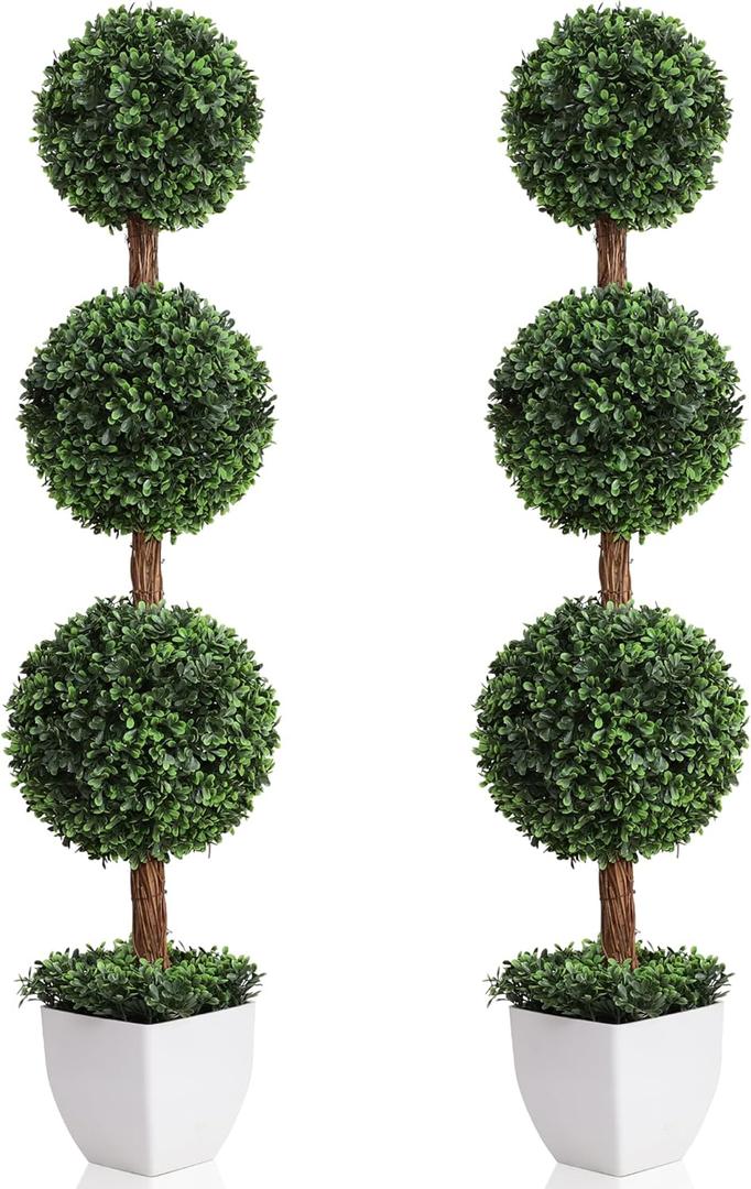 Artificial Topiaries Ball Trees Outdoor, 3.6ft Faux Boxwood Plants Topiary Triple Ball Tree(2 PCS), Fake Shrubs Trees Potted Decorative Indoor Porch or Garden (43 inch)