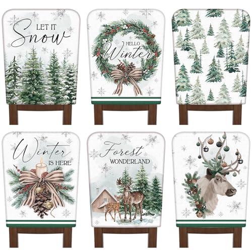 FuWeave 6 Pcs Winter Wonderland Chair Covers Hello Winter Chair Back Covers Frost Pine Tree Deer Chair Protector Slipcovers Washable Dining Room Seat Covers Winter Decor for Home Hotel Kitchen Indoor