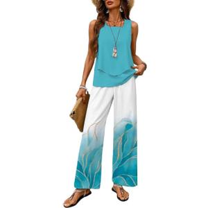 2 Piece Sets for Women Sleeveless Leaf Graphics Vest Top and Solid Color Wide Leg Long Pants Travel Outfits Lounge Set (L)