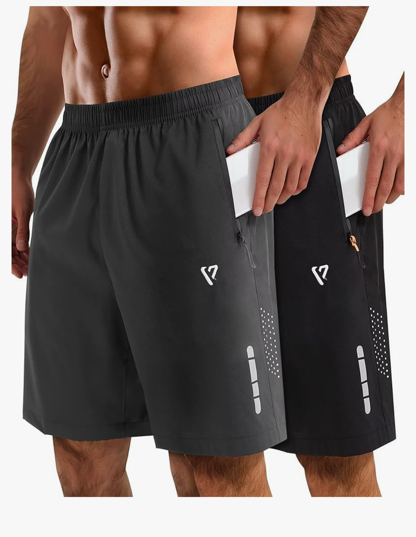2 Pack Mens Athletic Shorts Quick Dry 7 Inch Running Shorts Breathable Mesh Gym Workout Shorts with Zipper Pockets, Large