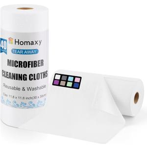 Homaxy Tear Away Dish Cloths Rolls, 40 Sheets-11.8" X 11.8", Reusable Washable Dish Towels for Kitchen, Ultra Absorbent and Quick Drying Microfiber Cleaning Rags, White