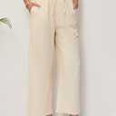 Women's Linen Pants Relaxed Fit High Waisted Boho Chic Ankle Pants Summer Beach Vacation Wide Leg Trousers (Beige)