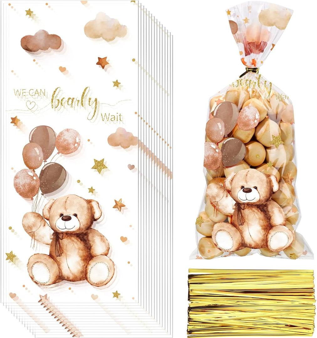Maitys 100 Pieces Bear Treats Cellophane Bags Treats Bags Plastic Goodie Candy Bags with Gold Twist Ties Gift Bags for Boys Girls Favor, Brown, Cute Style