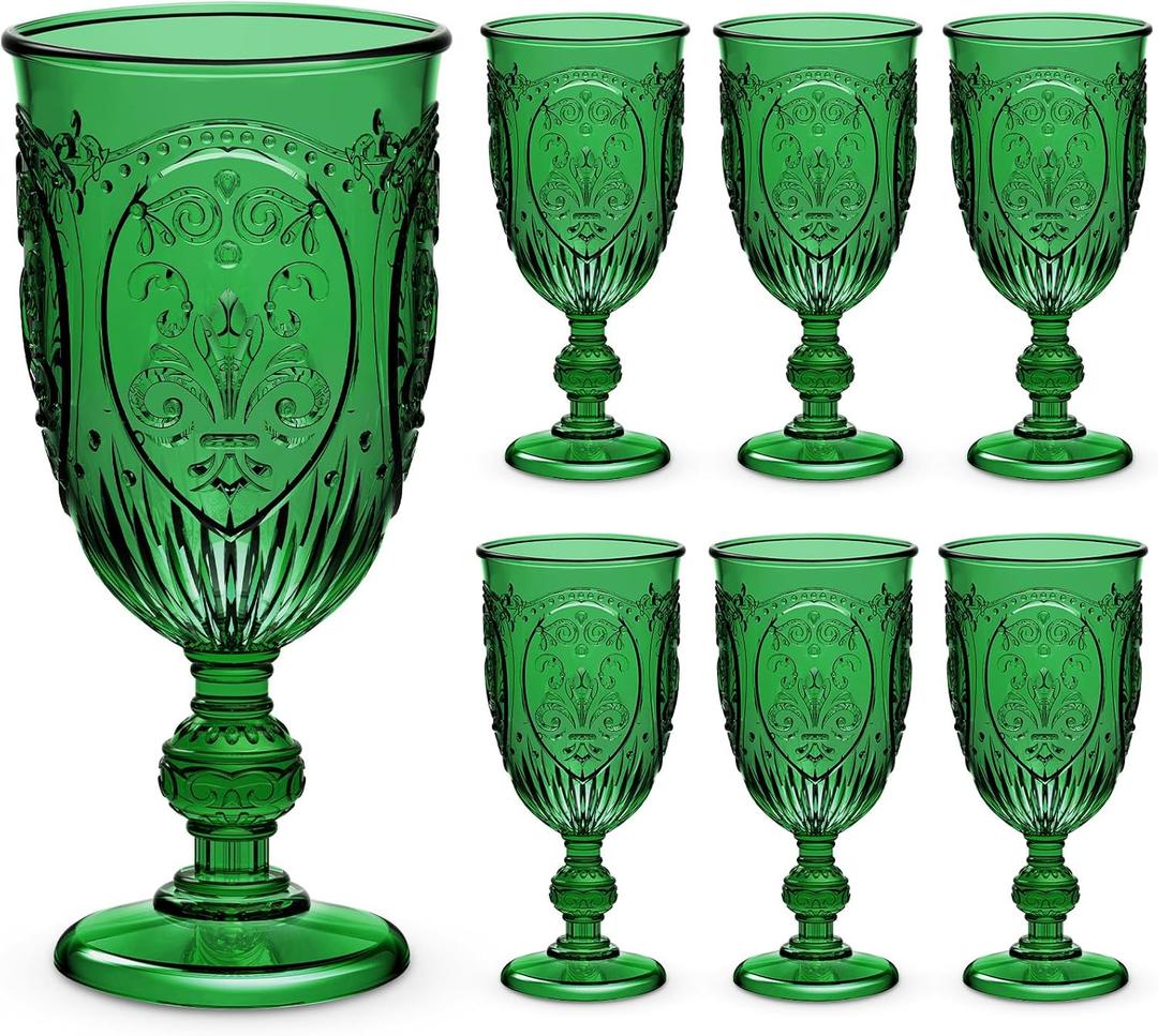 6 Pcs Plastic Goblets 7.5oz Vintage Goblet Plastic Wine Glasses Colored Retro Embossed Water Goblets for Wine Bar Juice Baby Shower Wedding Reception Grand Event Party (Dark Green)