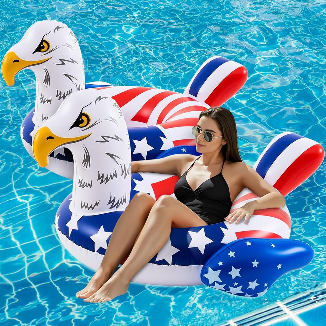 2 Pack American Flag Inflatable Eagle Pool Float-45 Inch 4th of July Large Swim Tube Rings 250th Anniversary Red White & Blue Floating Raft for Summer Lake Beach Pool Party Ride