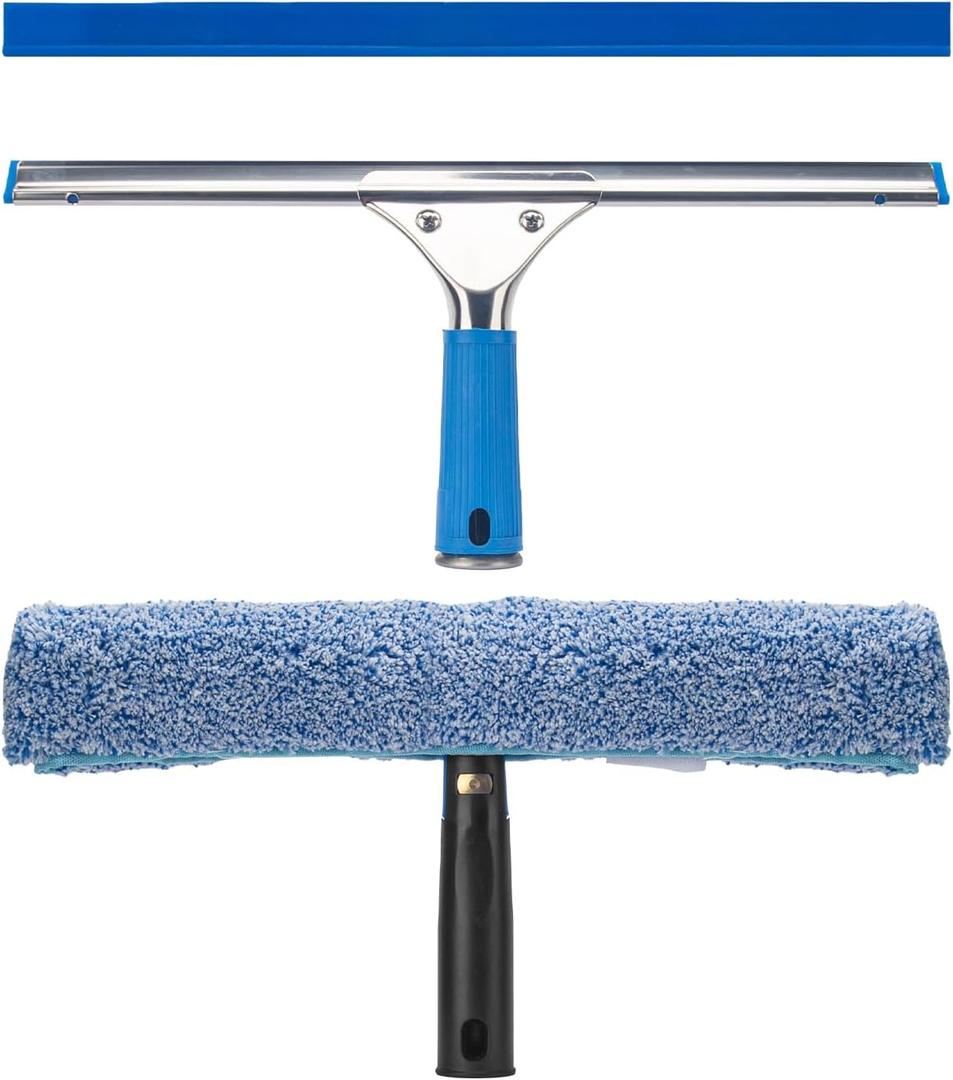 Professional Window Cleaning Kit, 14" Rubber Squeegee with 15" Microfiber Scrubber, Window Cleaning Tool for Home, Window Washing Equipment Commercial & Household Use