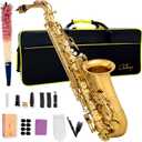 Alto Saxophone Eb beginner Saxophone includes brush canvas suitcase glove whistle piece cork plaster wipe cloth neck strap and other accessories (Gold)