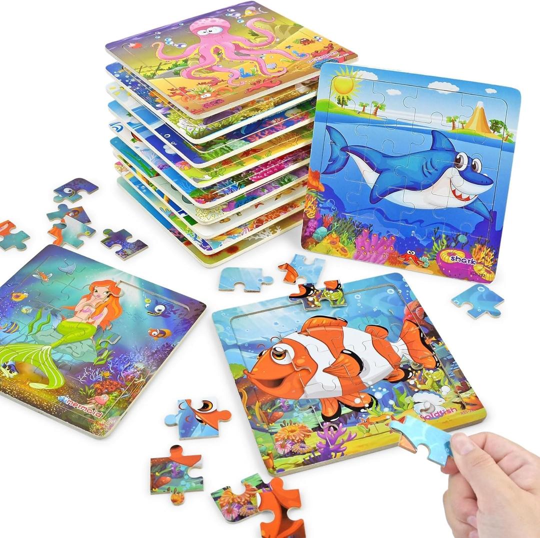 Vileafy Party Favors Puzzles for Kids Age 4-8, 12 Pack Sea Animals with Organza Bags, Wooden Jigsaw Puzzle for Boys and Girls Ages 4-6, 20 Pieces Per Puzzle