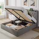 Feonase Full Size Bed Frame with Storage & Charging Station - Hydraulic Lift Up Platform Bed, Upholstered Button Tufted Headboard, Sturdy Wooden Slats, Noise-Free, No Box Spring Needed, Light Gray