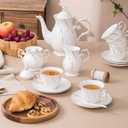 Agyiuns Tea Set 21-Piece Porcelain tea cups and saucers set of 6 with Sugar and Creamer Set & Teapot,teapot set for Adults, Women Tea Party,White