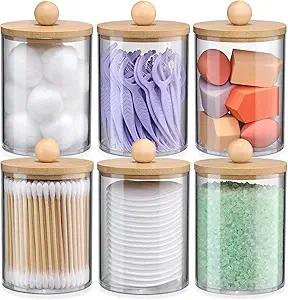 6Pack Bamboo Qtip Holders  Bathroom Storage for Cotton Balls, Swabs, Pads, Floss